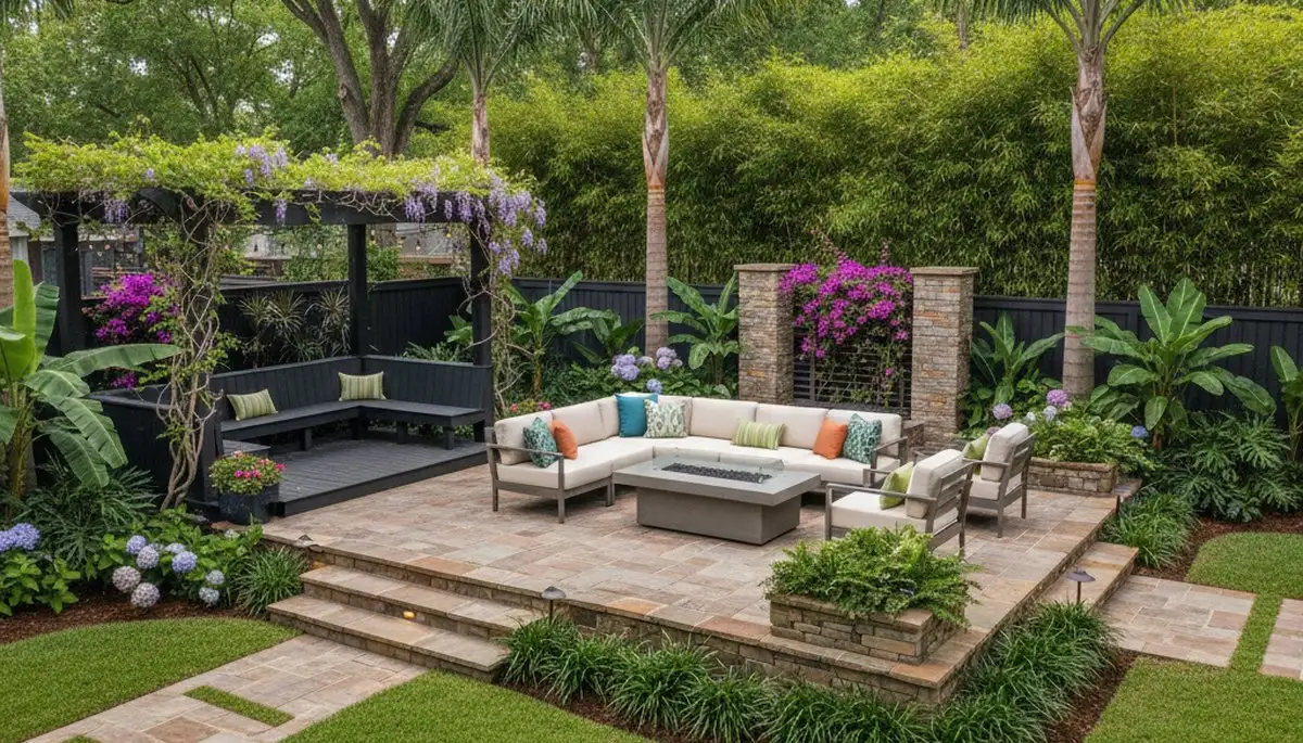 Backyard patio landscape design with lighting and greenery by Chop Chop Landscaping in New Orleans, LA