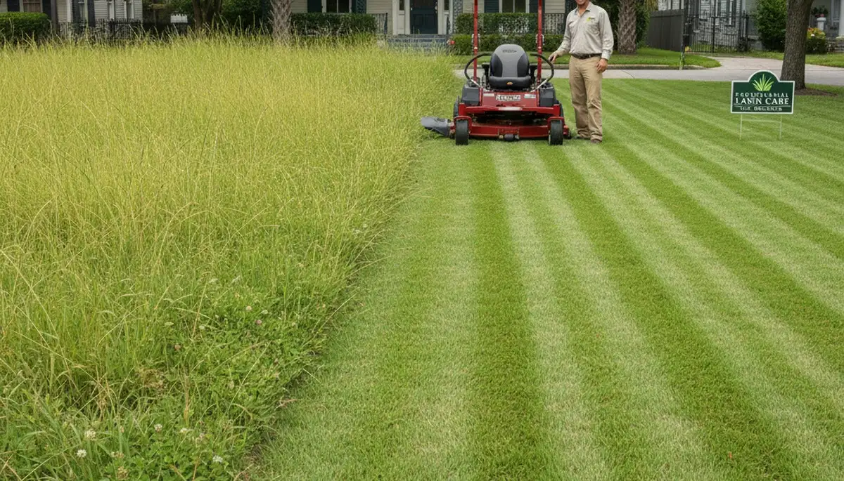 Before and after lawn mowing transformation by Chop Chop Landscaping in New Orleans, LA