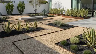 Modern pea gravel landscape design with geometric plants in New Orleans, LA by Chop Chop Landscaping