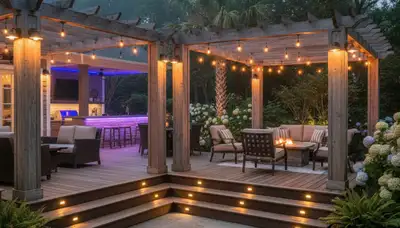 Deck and patio lighting installation in New Orleans, LA with post cap and step lights for safe outdoor living