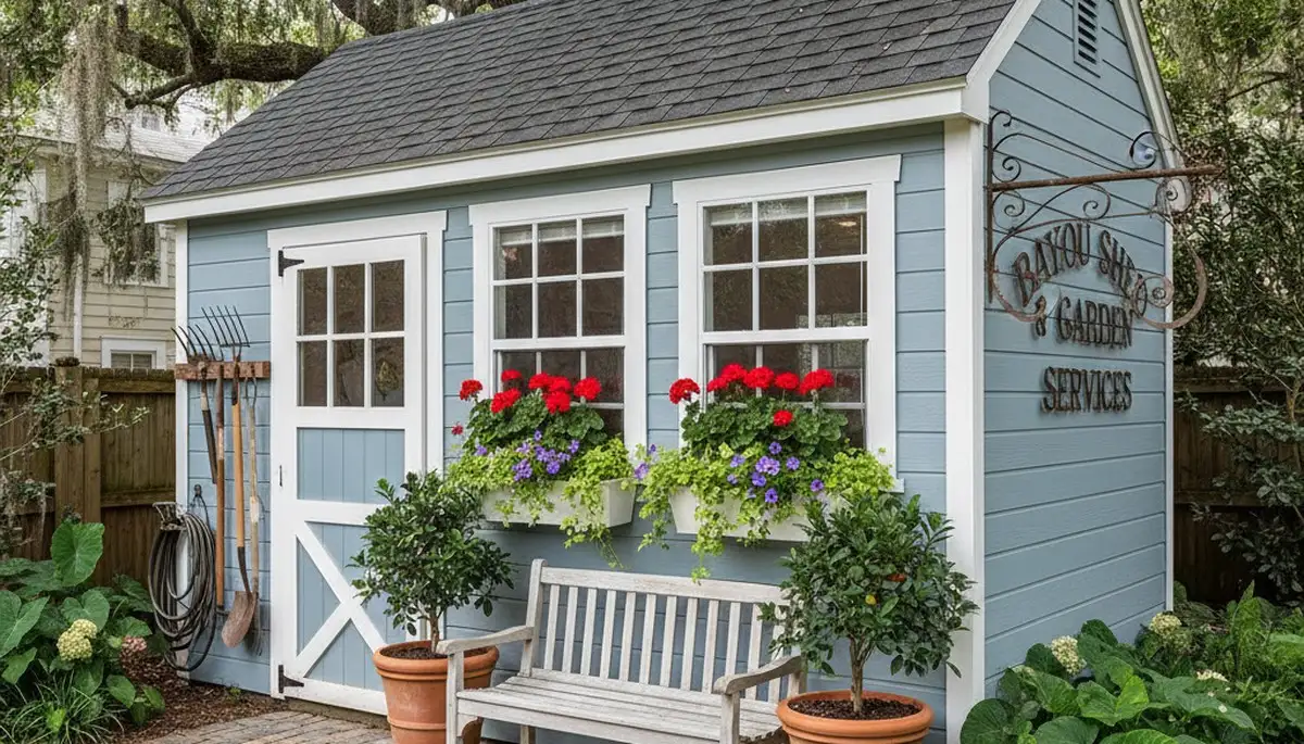 Decorative garden shed installation by Chop Chop Landscaping in New Orleans, LA enhancing yard design