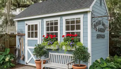 Decorative garden shed installation by Chop Chop Landscaping in New Orleans, LA enhancing yard design