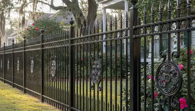 Ornamental black metal fence installation by Chop Chop Landscaping in New Orleans, LA