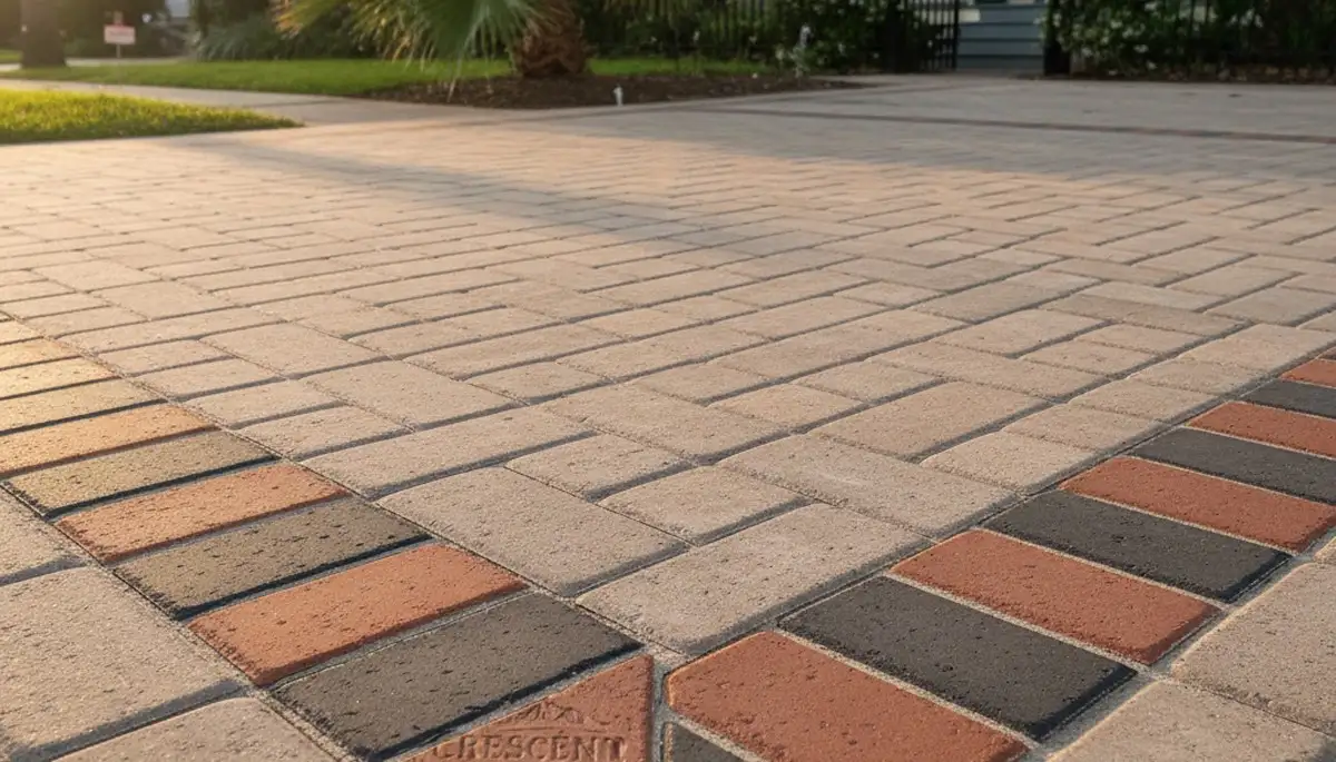 Custom soldier course driveway paver border with clean edging in New Orleans, LA landscaping project