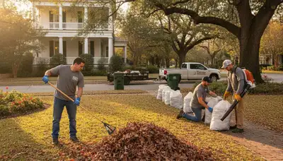Professional landscapers raking and bagging fall leaves during yard clean up in New Orleans, LA