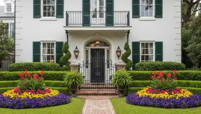 Front yard landscape design with colorful plants and shaped shrubs in New Orleans, LA