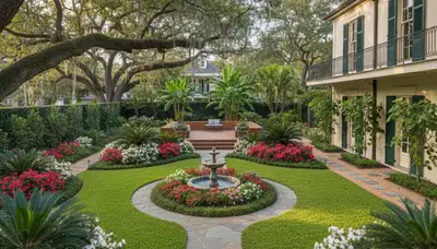 Full property landscape transformation with lush lawn and hardscape design in New Orleans, LA