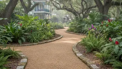 Pea gravel garden path with edging in New Orleans, LA by Chop Chop Landscaping