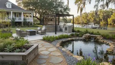 New Orleans, LA landscaping design team creating a custom front yard landscape for a home