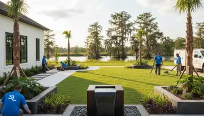 New Orleans, LA landscaping design for a residential yard with lush plants and clean hardscaping