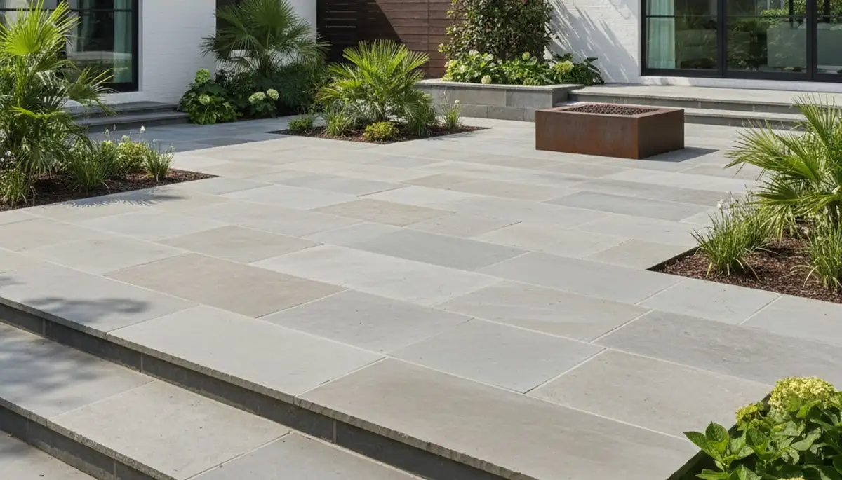 Modern large stone slab patio installation by Chop Chop Landscaping in New Orleans, LA