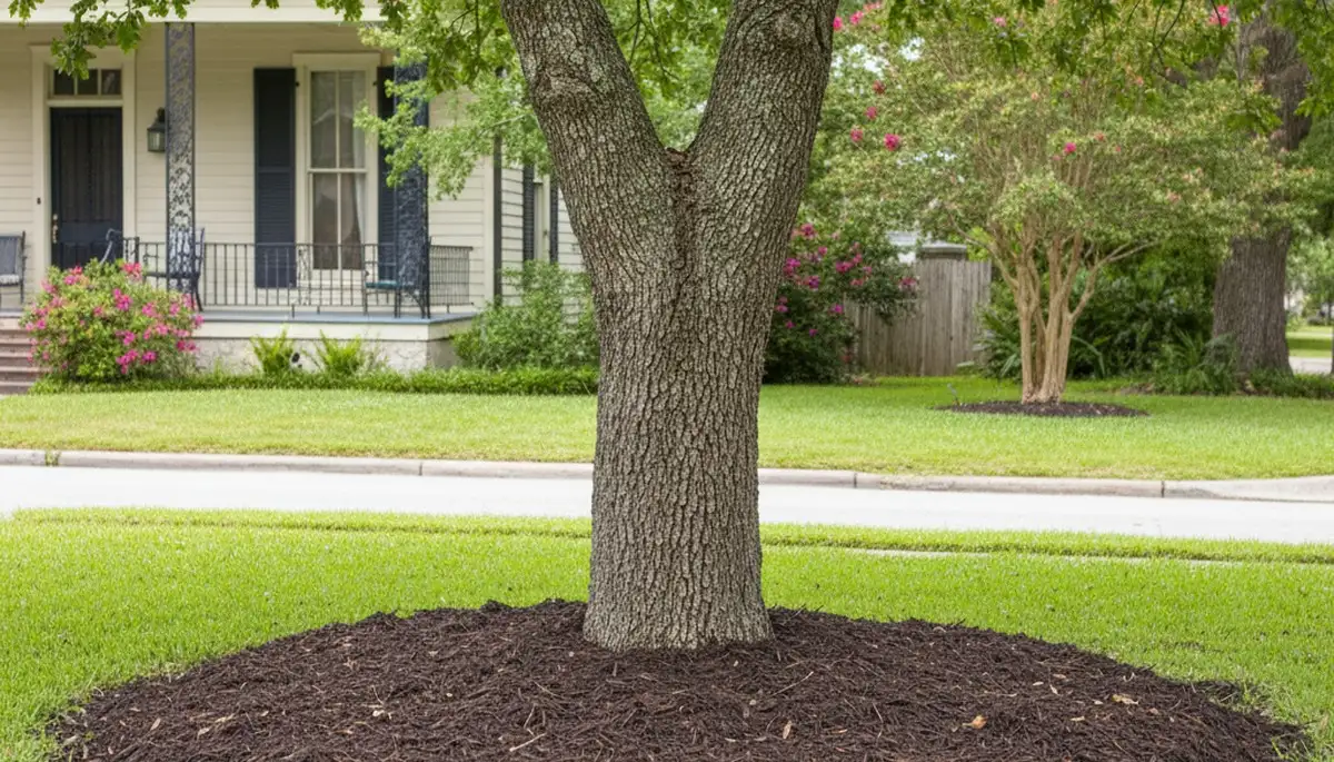Professional circular mulch ring around tree base by Chop Chop Landscaping in New Orleans, LA