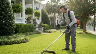 Technician edging lawn with string trimmer for precise finish in New Orleans, LA landscaping service