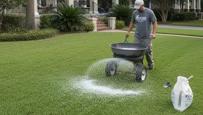 Lawn care technician applying fertilizer with spreader on residential turf in New Orleans, LA