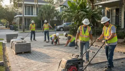 Landscapers installing driveway pavers at a New Orleans home with precise leveling and base preparation