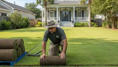 Professional landscaper installing sod rolls with precision in New Orleans, LA lawn renovation project