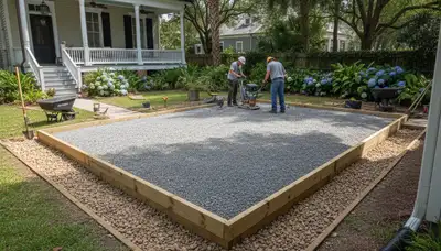 Professional shed foundation preparation with gravel base in New Orleans, LA landscaping project