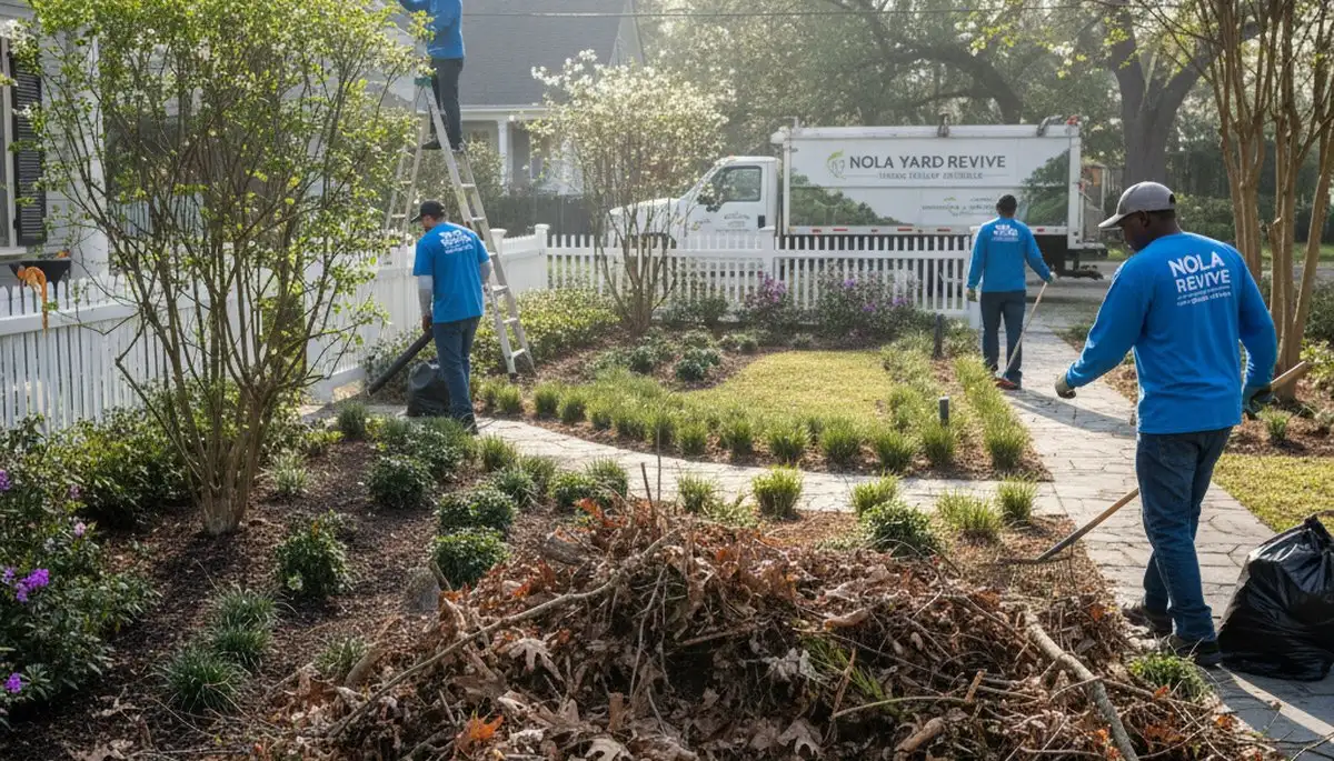 Professional landscapers performing spring yard clean up and pruning in New Orleans, LA