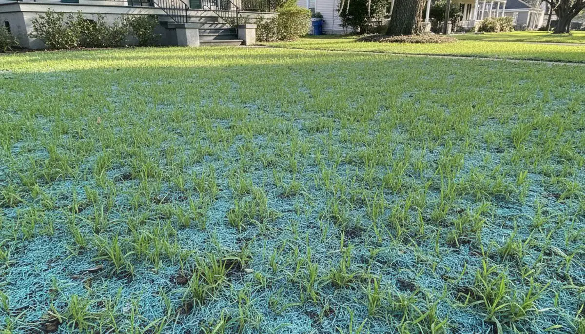 New grass seedlings sprouting from hydroseeding on a New Orleans LA lawn by Chop Chop Landscaping