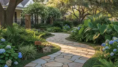 Curved stone paver pathway with natural landscaping by Chop Chop Landscaping in New Orleans, LA