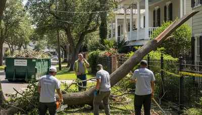 Crew clearing storm debris and branches during yard cleanup in New Orleans, LA by Chop Chop Landscaping
