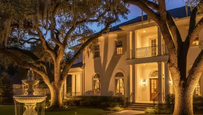 Tree uplighting with landscape lighting design in New Orleans, LA enhancing outdoor elegance at night